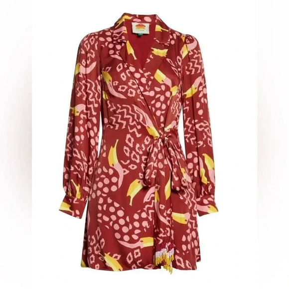 Farm Rio Toucanissimo Long Sleeve Print Wrap Dress Burgundy Size Small - Picture 5 of 9